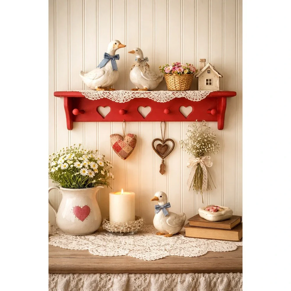 Vtg Red Wooden Heart Cutout Wall Shelf Peg Cottagecore Farmhouse Entryway Rustic